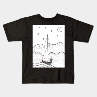 Sailboat on a Wild Ocean whimsical line drawing Kids T-Shirt